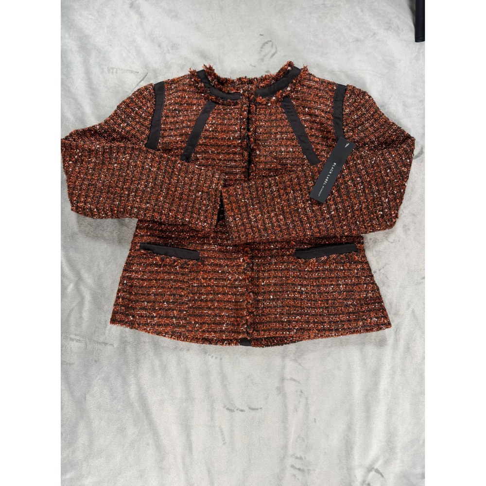 Black Label Chico's Jacket Women Autumn Fall Rust Orange Tweed Fringe Small NWT